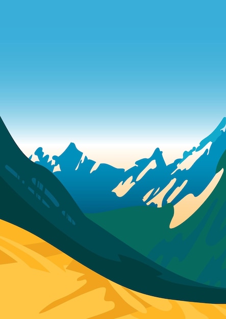 Helle sommerlandschaft trockenes gras schneebedeckte bergketten blauer himmel tourismusreisen und abenteuer für plakate postkarten banner website