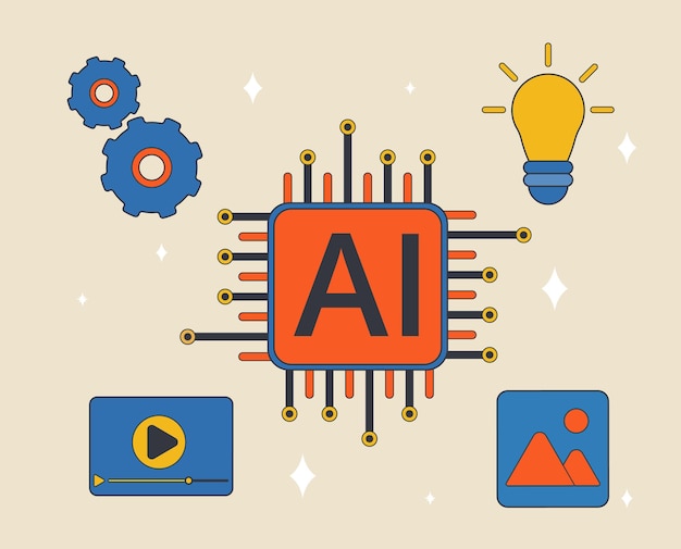 Helle und kreative Vektorillustration des Chips der künstlichen Intelligenz mit AI-Zeichen