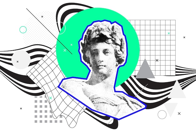 Helle Vektorcollage aus universellen grafischen Elementen, geometrischen Formen, gepunkteten Halbtonobjekten für Ihr Design