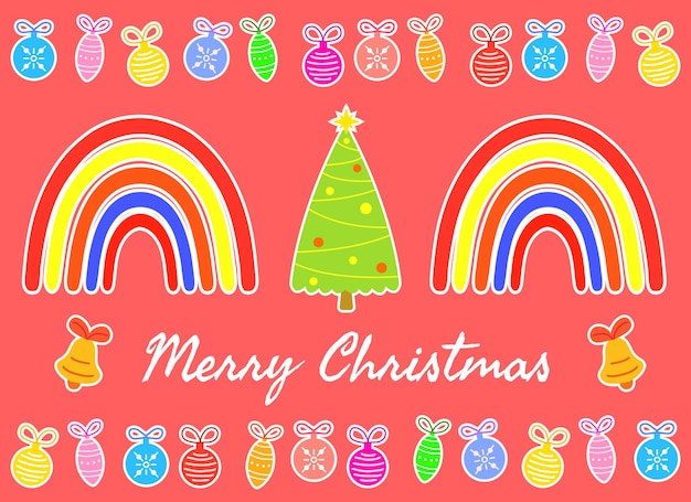 Helle weihnachtskarte im kinderstil mit weihnachtsbaum und glocken, regenbogengirlanden und weihnachtsspielzeug poster für partygrüße oder einladungen vektorillustration