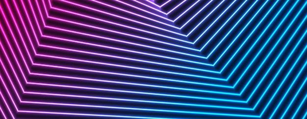 Vektor helle zusammensetzung von neonlinien abstrakter hintergrund mit blau-violett tech geometrischen laserstrahlen retro scifi vektordesign