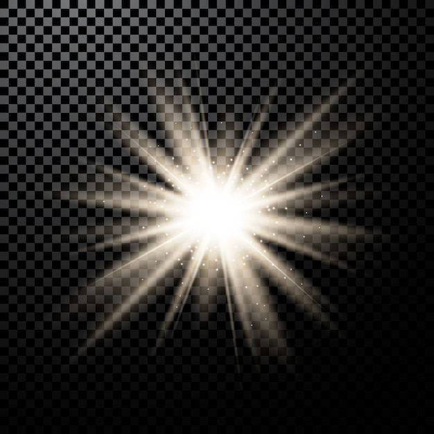 Vektor heller glühender lichteffekt lokalisiert auf einem dunklen hintergrund mit strahlen, blendung und sternen.
