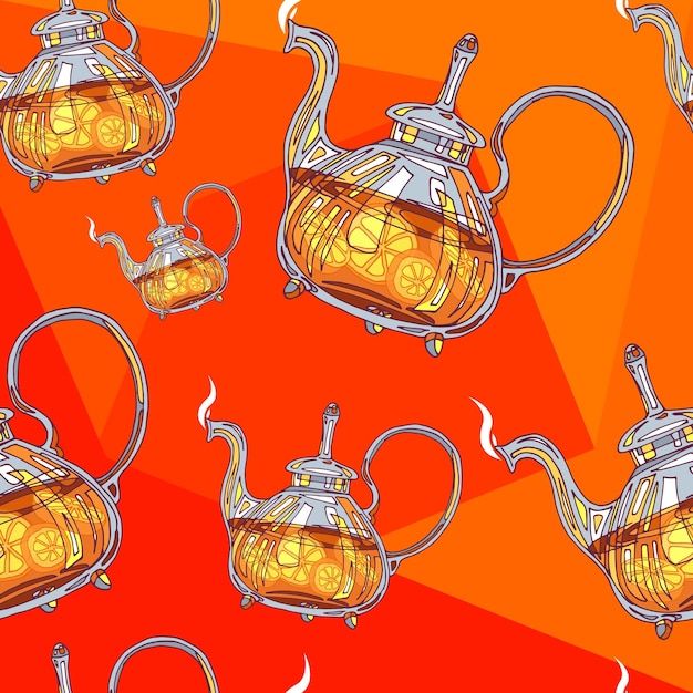 Heller, nahtloser Hintergrund mit Teekannen aus Glas mit Tee Teezeit-Vektorhintergrund