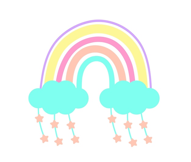 Heller Regenbogen mit Wolken und Sternen im Boho-Stil. Süßer Regenbogen in Pastellfarben.