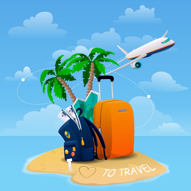 Helles Banner mit Gepäck, Flugzeug, Insel, Karte und Tickets