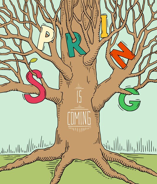 Helles doodle-typografie-poster mit großem baum cartoon-karte mit schriftzug der frühling kommt