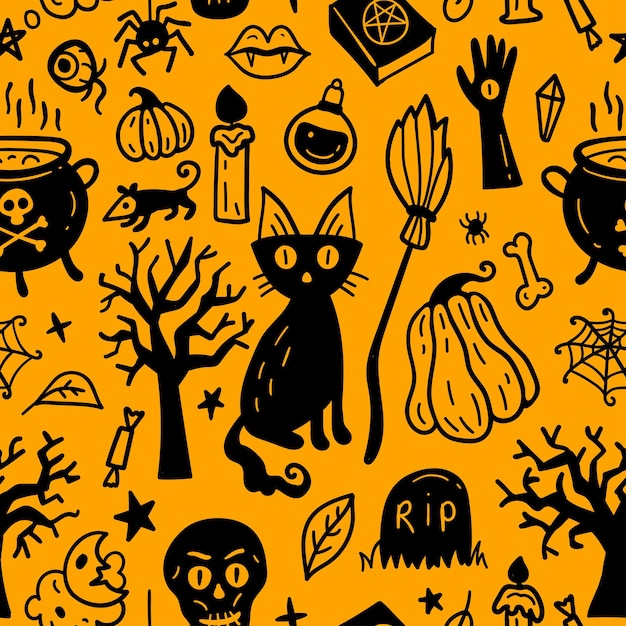 Helles, nahtloses muster von horror halloween handgezeichneten doodle-elementen