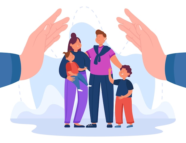 Helles Poster mit Händen, die eine glückliche moderne Familie schützen. Menschen mit Kindern helfen, flache Vektorgrafiken. Familien-, Assistenz-, Pflege- oder Hilfskonzept für Banner, Website-Design oder Landing-Webseite