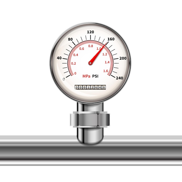 Vektor helles realistisches manometer mit glänzendem chromrohr, das in weiß isoliert wird