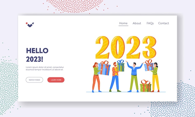 Hello 2023 landing page template greeting card for happy new year winzige menschen tauschen geschenke in großer zahl aus