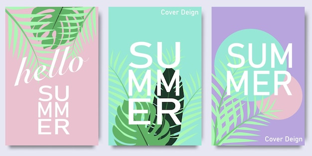 Hello summer poster oder cover mit abstrakten tropischen blättern und modernen typografie-designvorlagen