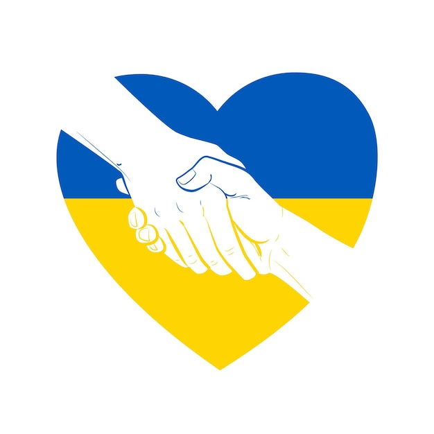 Helping ukraine hand concept geste zeichen von hilfe und hoffnung logo zwei hände, die sich gegenseitig mit herz blau gelb flaggenfarben nehmen unterstützen sie ukrainische flüchtlinge vektor-illustration