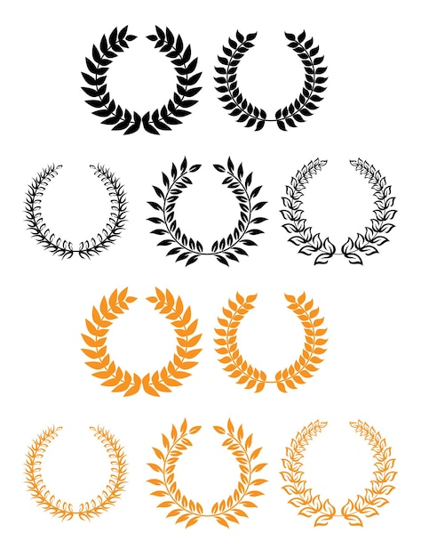 Heraldisches set aus runden blatt- und lorbeerkränzen in schwarz und gold mit verschiedenen designs passend für urkunden, auszeichnungen oder heraldik