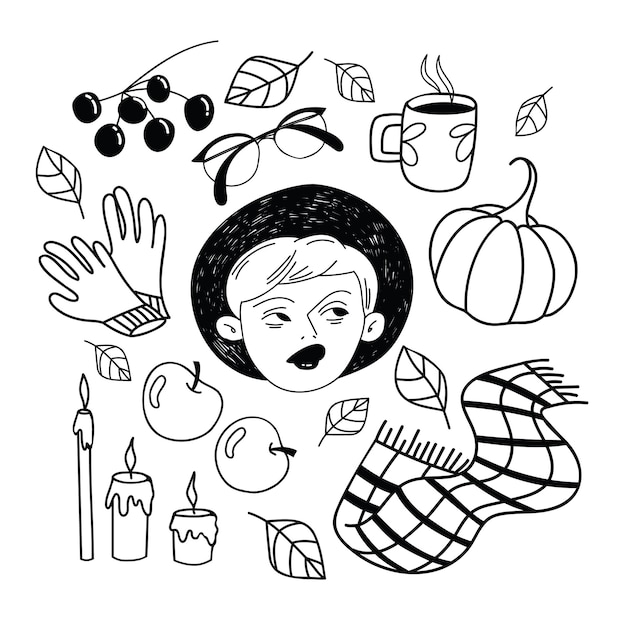 Herbst-doodle-stil-set. vektor saisonale niedliche cliparts. handgezeichnete illustrationen für grußkarten, banner und t-shirt-designs. pflanzenelemente, kleidung, dekor. alle elemente sind isoliert.