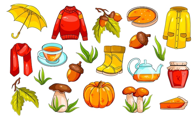 Herbst eingestellt. große sammlung von herbstartikeln. kürbis, tee, regenmantel, schal, stiefel, pilze, eicheln im cartoon-stil. vektorillustration für design und dekoration.