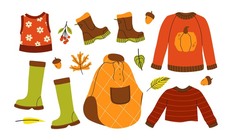 Vektor herbst gemütliches set mit pullovermantel und gummistiefeln vektorillustration farbige saisonkollektion