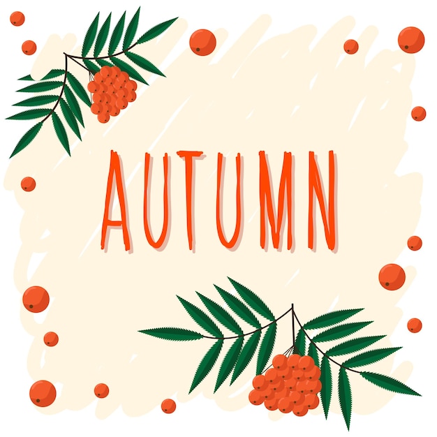 Herbst. handgezeichneter schriftzug und herbst-eberesche für designkarte, schulplakat, kindisches t-shirt, herbstbanner, sammelalbum, album, schultapete usw