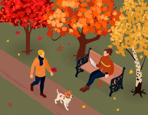 Herbst herbst outdoor-aktivitäten isometrische komposition mit sitzendem lesen auf der bank hund im park illustration spazieren gehen