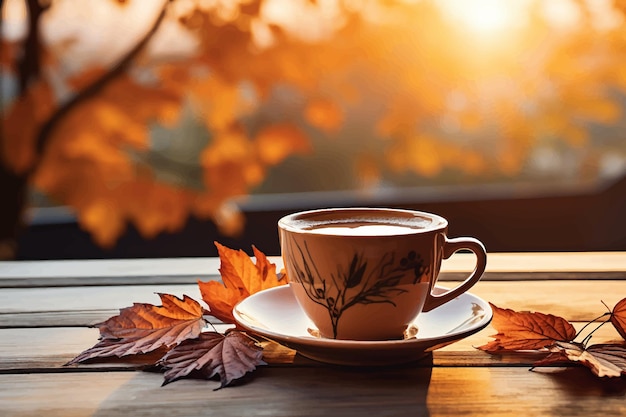 Vektor herbst-hintergrund becher mit tee oder kaffee und herbstblätter auf rustikalem holztisch im freien