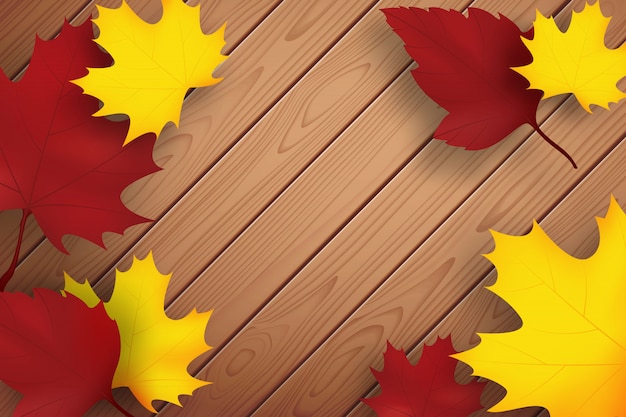 Herbst Hintergrund. Holzbohlen und Laub