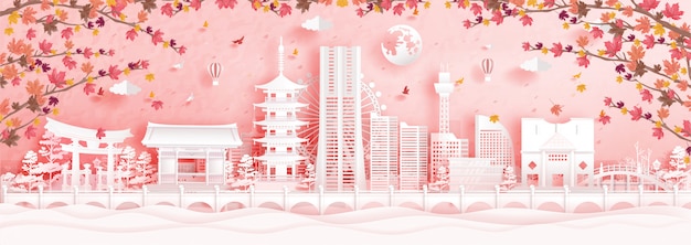 Herbst in yokohama, japan in der papierschnittart-vektorillustration.
