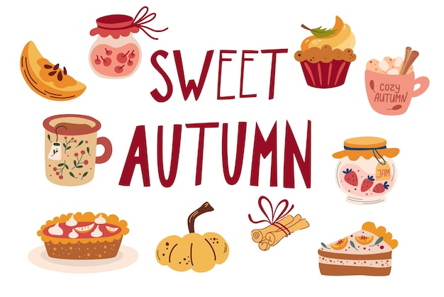 Herbst köstliche süße desserts. saisonale gewürzte produkte mit kürbisgewürz. speisen und getränke von hand zeichnen. erntedankfest. moderne bunte vektorillustration.