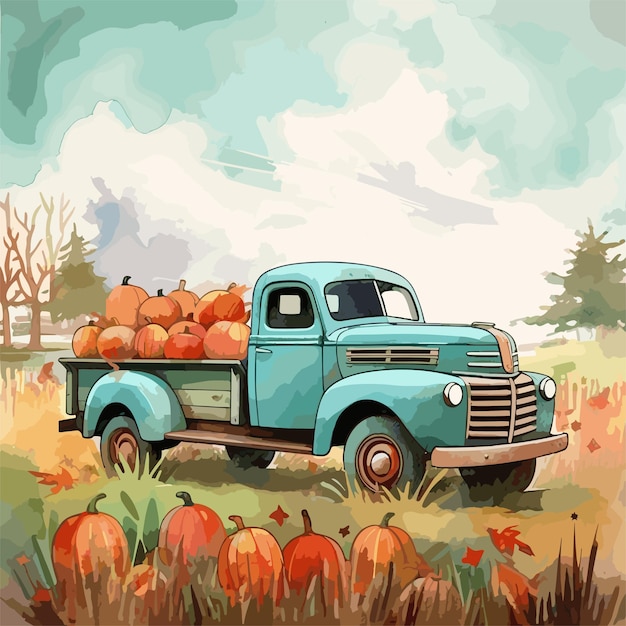 Vektor herbst-lkw-kürbis-aquarell-clipart auf weißem hintergrund