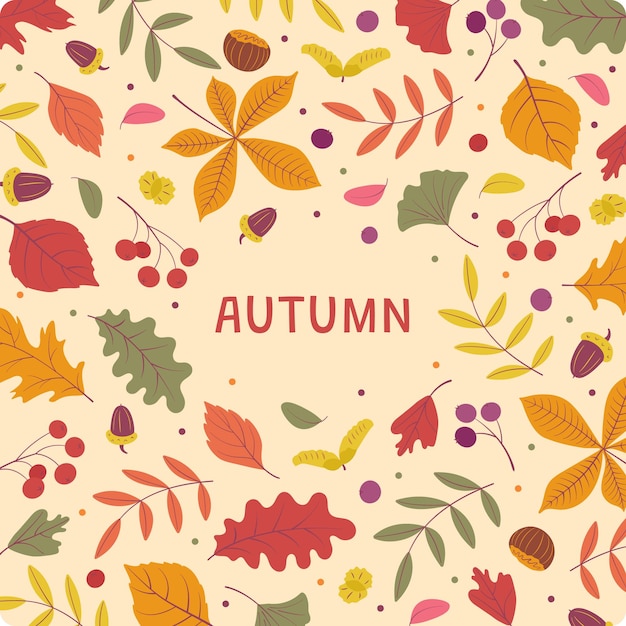Herbst Niedliches lustiges Postkartenbanner mit hellen Blättern, Beeren, Kastanien, Eicheln, flacher Cartoon-Stil