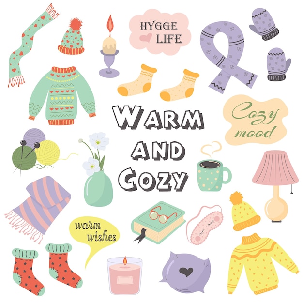Herbst oder Winter gemütliche süße Dinge und Gegenstände. Warm und gemütlich. Gemütlicher und komfortabler Lebensstil. Flache handgezeichnete Elemente.