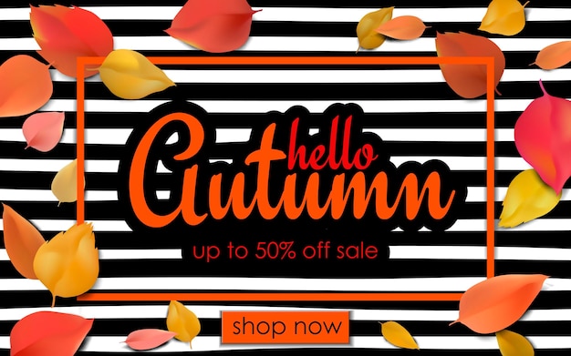 Herbst saisonaler Verkauf Webbanner Angebot 3d detailliertes Mockup weiß Holzbrett orange gelb Blätter Rahmen Hintergrund Werbevorlage Rabatt Poster Herbst Vektor Illustration Kunst