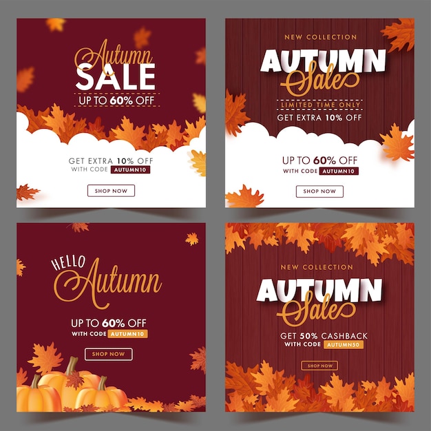 Herbst sale post oder template-design mit ahornblättern in vier optionen dekoriert.