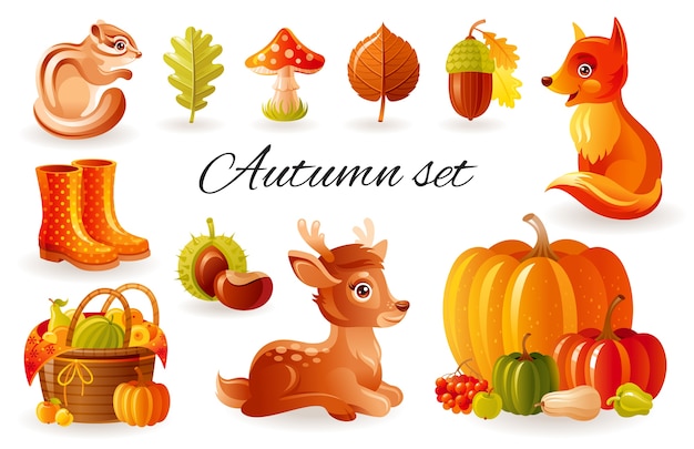 Herbst waldtiere. netter fallsatz, waldillustration mit eichhörnchen, fuchs, kitz.