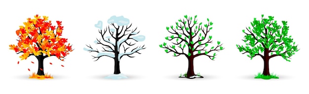 Herbst-Winter-Frühling-Sommer-Baum-Sammlung mit Schatten Jahreszeiten des Baumes Vier-Jahreszeiten-Bäume Cartoon-Baum-Sammlung