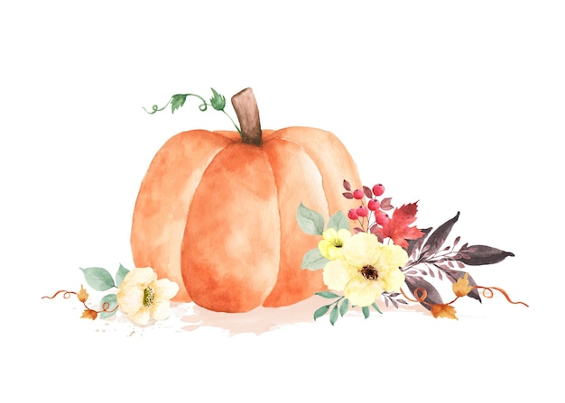 Herbstaquarellillustration mit den kürbissen und den blumenblättern lokalisiert auf weißem hintergrund. aquarell handbemalt, perfekt für die gestaltung von dekorativen grußkarten oder postern beim herbstfest.