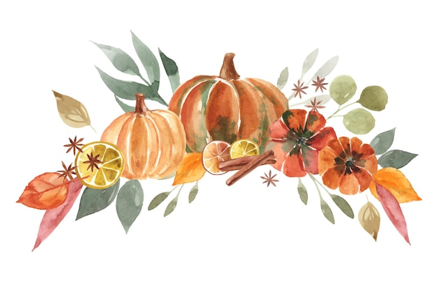 Herbstaquarellillustration mit Kürbisblättern