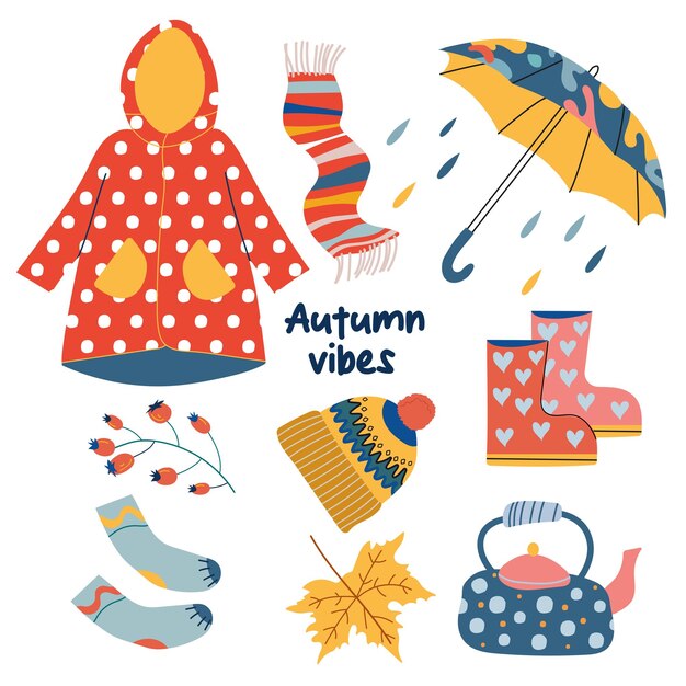 Herbstartikel, Kleidungszubehör, Vektorillustration. Handgezeichnetes Set mit Kettleumbrella-Gummi