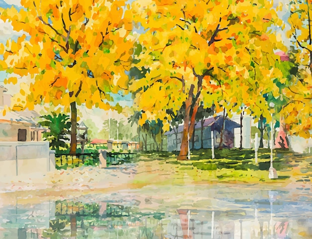 Herbstbäume Malerei Aquarell Landschaft gelbe Farbe von Blumen und Blatt Illustration Vektor