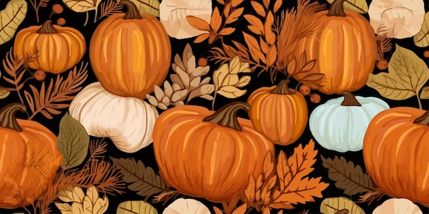 Herbstdekoratives nahtloses muster mit kürbissen und saisonalen elementen eicheln pflanzen blätter