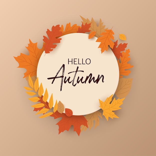 Herbstdesign mit rundem rahmenbanner „hallo herbst“, lebendige blätter und ein kreisförmiges design