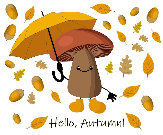 Herbsthintergrund mit gelben blättern und regenschirm vom regenherbstpilz