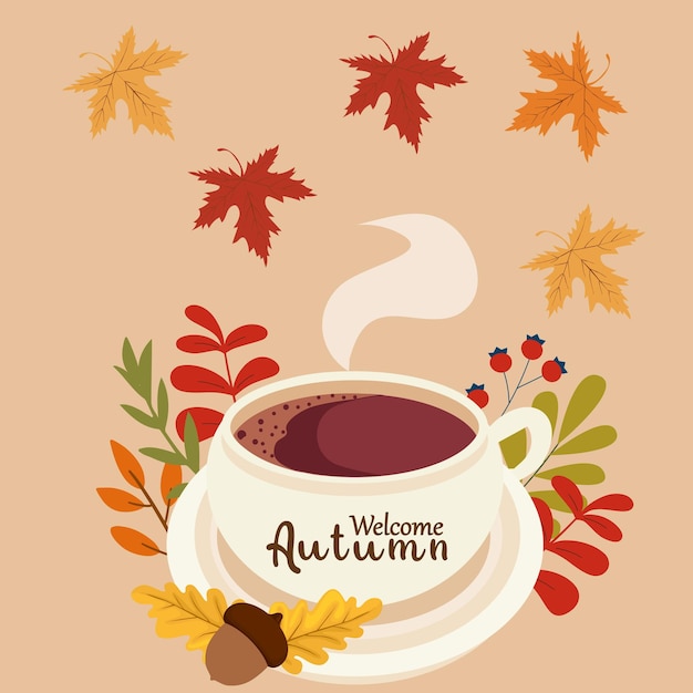 Herbstillustration mit einer dampfenden Tasse Kaffee, umgeben von farbenfrohen Herbstblättern