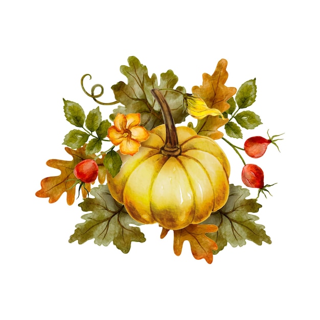 Herbstkürbis und Blumenbeerenblätter, Aquarellvektorillustration, Erntedankfest