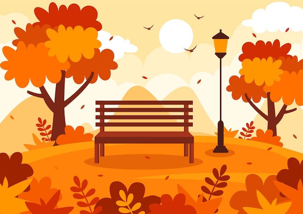 Herbstlandschaft hintergrund-vektorillustration mit bergen, feldern, bäumen und herbstblättern