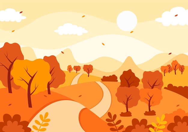 Herbstlandschaft hintergrund-vektorillustration mit bergen, feldern, bäumen und herbstblättern