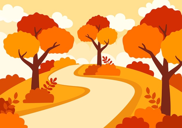 Vektor herbstlandschaft hintergrund-vektorillustration mit bergen, feldern, bäumen und herbstblättern