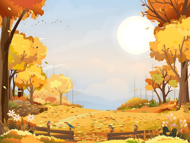 Herbstlandschaft mit Bäumen, Sonne und Vögeln