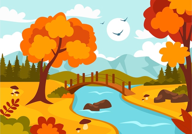 Herbstlandschaft mit bergen, feldern und herbstblättern im panorama der natürlichen jahreszeit