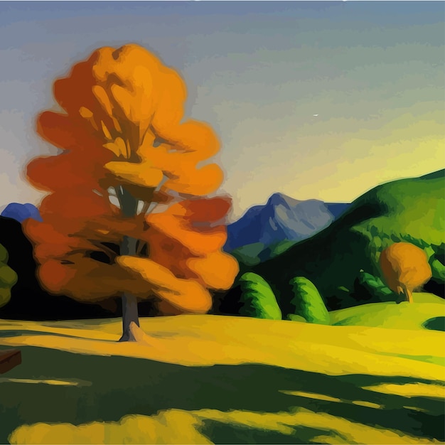 Herbstlandschaft mit kleinem hausbaumstrauch und gelben fußwegbäumen vor bergen mit himmel