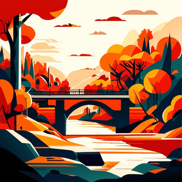 Herbstlandschaft mit Vektorillustration im Stil einer Brücke und eines Flusses