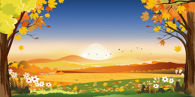 Herbstlandschaften der Landschaft mit Sonnenuntergang und blauem und rosa Himmel